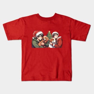 Christmas manga guys with dogs Kids T-Shirt